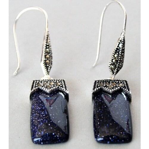 Fashion jewelry blue sand stone 925 & macasite earrings 2" Natural Stone jewelry bread big earringsWomen Party
