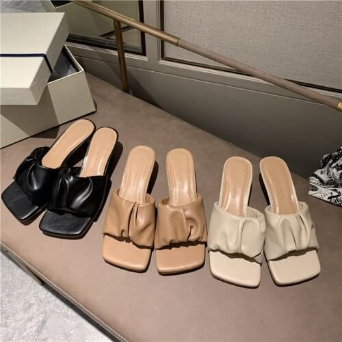 Fashion Women Slippers Low Thin Heels Slides Shoes Temperament Word Womens Shoes Shallow Slip On Summer Dress Mules Flip Flops