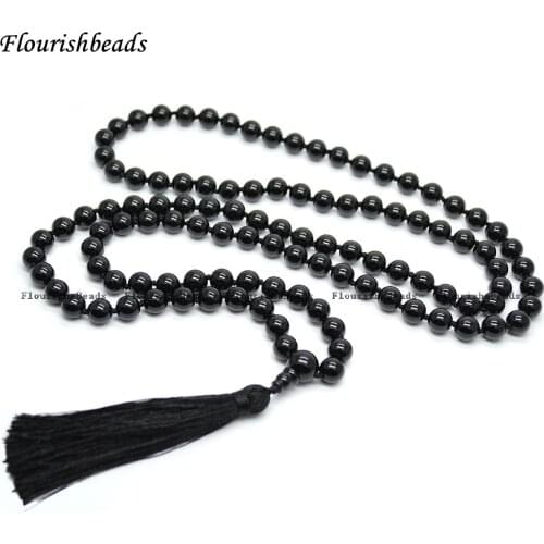 Natural 8mm Black Onyx Agate 108 Stone Round Beads Tassel Pendant Kontted Mala Prayer Necklace