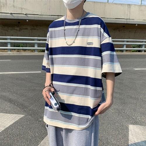 2021 New Fashion Cool Mens T-Shirt England Style O-Neck Striped Printed Cotton Clothes Harajuku Couple Unisex Streetwear Tops