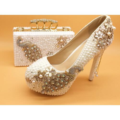 2021 New Womens Wedding Shoes With Bag White Pearl Peacock Bride High Heel Pumps Ladies Thin Heels Big Size Party Dress Shoes