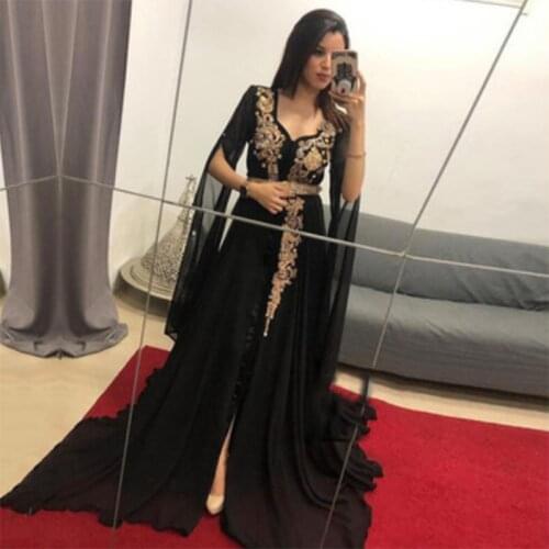 Latest Black Muslim Evening Dresses A-line Long Sleeves Appliques Islamic Dubai Beaded Moroccan Kaftan Prom Dresses Custom Made