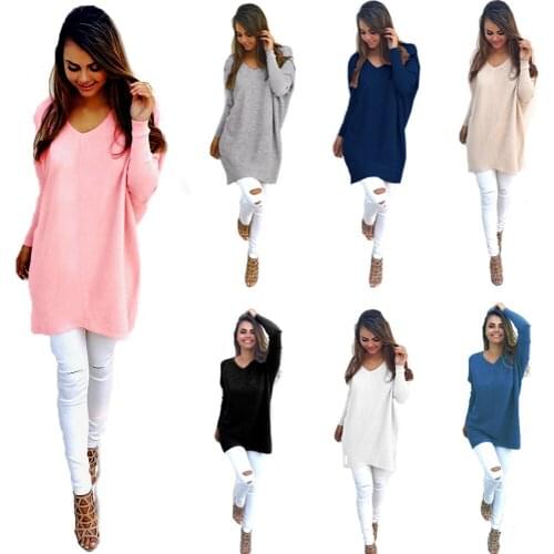 2019 Autumn and Winter New Boutique Ladies Tops Solid Color V-neck Long-sleeved Sweater Loose Wild Simple Casual Sweater