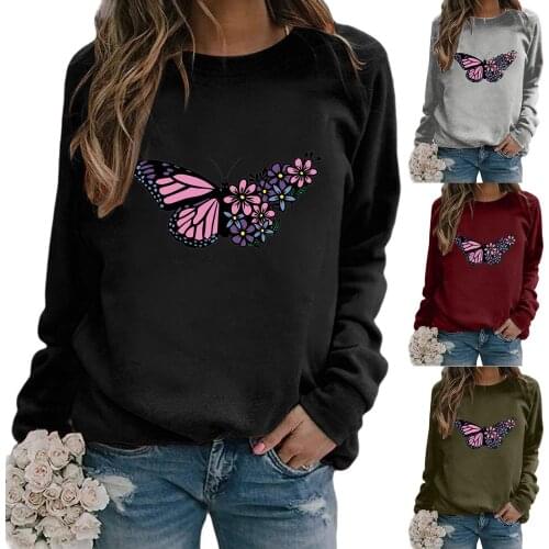 Autumn Winter Thermal Fashion Butterfly Printing Sleeve Sweatshirt Casual Loose Long Women Tide Printed Tops Loose Pullovers