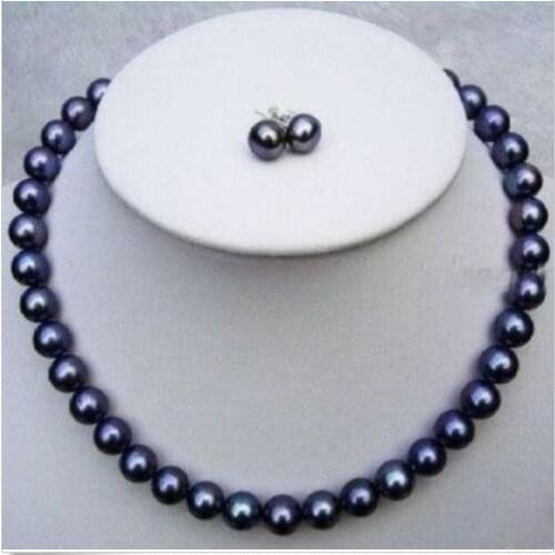 Wedding Woman AA 18'' 9-10MM Black Freshwater Pearl Necklace Set Earring Real Natural Pearl Handmade