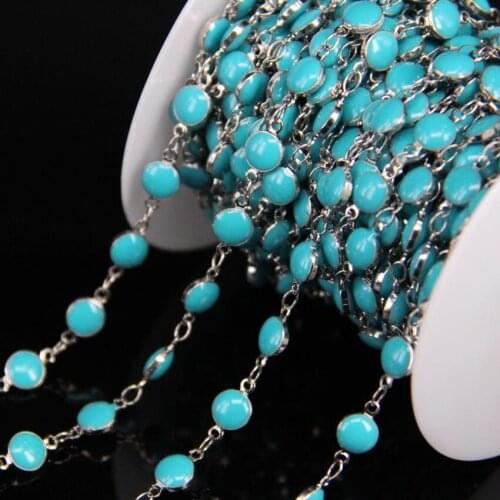 Plated Silver Copper chains,Turquoises Blue Lampwork 6mm Flat Round Beaded Rosary Chains,Enamel Coin Beads Links Chains Jewelry