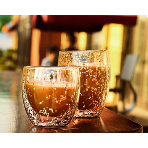 Transparent Glass Coffee Cup Double Wall Heat-Resistant Glass Cup Creative Sky Star Sequins Cup Whiskey Beer Milk Mug