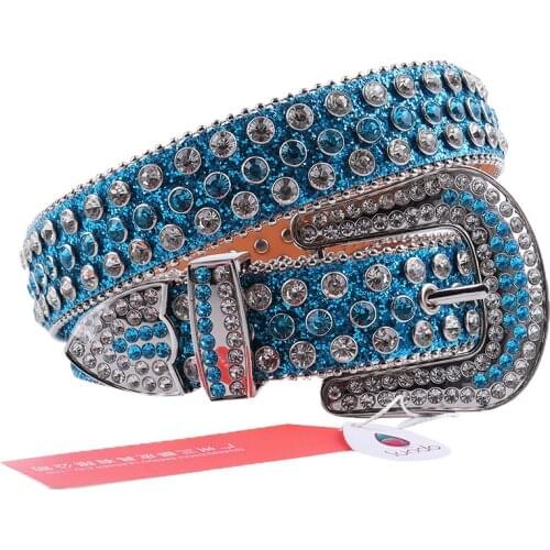 Blue Belt Rhinestone Cowgirl Belt Luxury Designer Girdle Male Cowboy Buckle Diamond Studded Belt Punk Leather Jeans Waistband