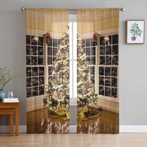 Christmas Tree Lights Christmas Theme Tulle Curtains for Living Room Decoration Modern Chiffon Sheer Voile christmas curtains