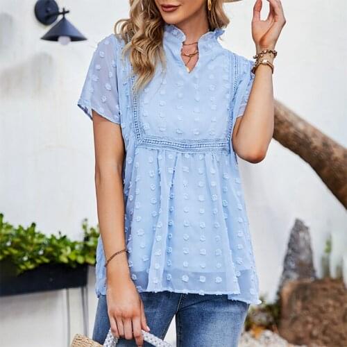 Chiffon Blouse Women Solid Sexy V Neck Short Sleeve Patchwork Shirt Femme Blusas Summer All-match Casual Loose Chic White Top