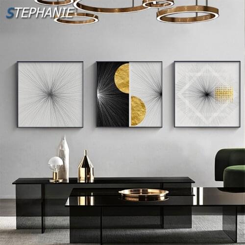 Nordic Art Golden Geometric Wall Art Canvas Painting Posters Prints Abstract Black White Line Picture for Living Room Home Decor