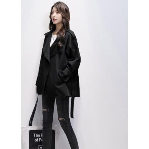 TE018 Black Solid Womens Loose Windbreaker Jacket Casual Turn-down Collar Double-Breasted Trench Coat With Belt пальто женское