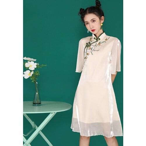 Traditional Embroidery Chinese Style Hanfu Qipao Dress Women Fashion Retro Slim Cheongsam Stage Evening Party Vintage Dresses