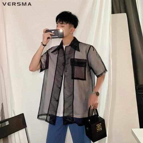 VERSMA Korean Style Summer See Through Top Short Sleeve Shirt Men Retro Clothing Transparent Shirt Blouse Men Women Dropshipping