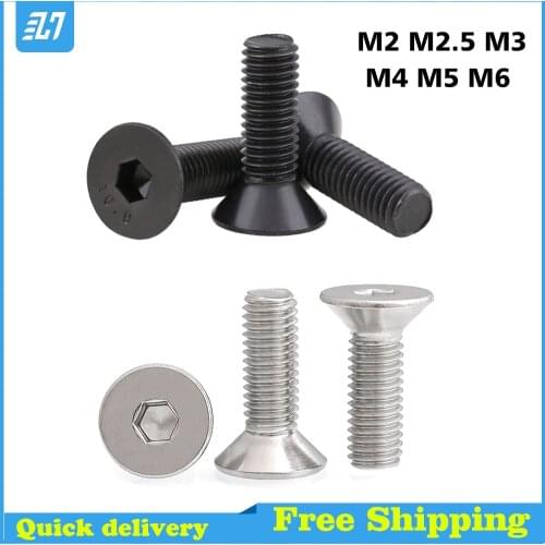 Hex Flat Socket Head Cap Screw Metric Thread Countersunk Machine Bolt Black Grade12.9 304 Stainless Steel M2 M2.5 M3 M4 M5 M6