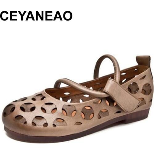 CEYANEAO New genuine leather summer shoes woman flat shoes hollow breathable casual flat shoes comfortable women shoes