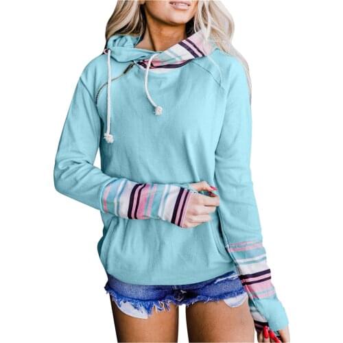 Women Hoodies Patchwork Sweatshirt Autumn Stripe Long Sleeve Tops Female Vintage Clothes Pockets Drawstring Hooded Pullover