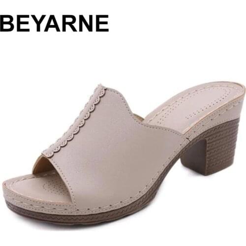 BEYARNE 2021 New Women Shoes Summer Slippers Formal Shoes PU Leather Wedge Heeled Sandals Female Footwear Women Slides Heels