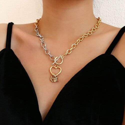 AENSOA Retro Minimalist Gold Silver Color Metal Necklaces for Women Vintage Heart Shape LOVE Letter Pendant Chokers Necklace