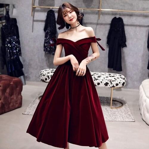 2021 women wine red Cocktail Elegant Boat Neck Bow Strapless Party Formal Lace up A-line Fashion Prom Gown dress