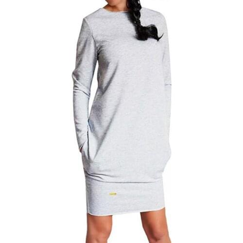 2020 Autumn Winter Women Dresses Fashion Long Sleeve O-Neck Casual Pocket Sheath Work Office Soild Dress Large Size