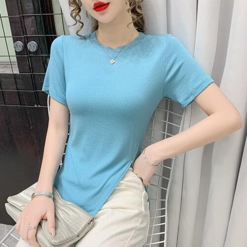 T Shirt Women 2021 Summer New Style Korean Round Neck Short-sleeved Hem Split T-shirt Irregular Bottoming Shirt Top Solid Female