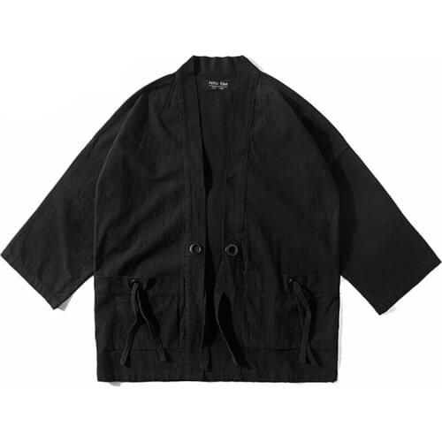 LACIBLE Thin Coat Man Japanese Style Retro Windbreaker Men Loose Mid Sleeve Black Trench Casual Cotton Linen Cardigan Tops