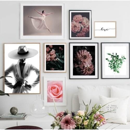 Rose Flower Leaf Girl Dance Dahlia Love Wall Art Canvas Painting Nordic Posters And Prints Wall Pictures For Living Room Decor