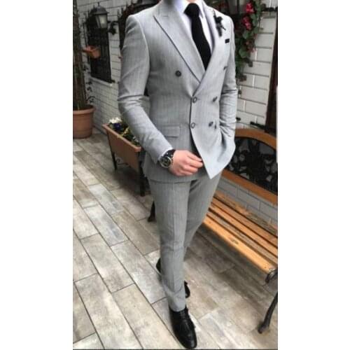 2020 Grey Stripe Mens Suits 2 Pcs Vintage Double Breasted Suit Terno Slim Fit Large Lapels Wedding Groom Tuxedo Tailcoat Men