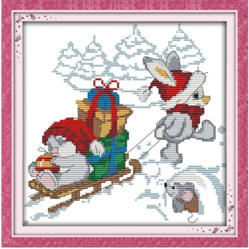 Joy Sunday Counted Cross Stitch Kit 14ct Needlework Christmas Rabbit Cartoon Patterns Embroidery Set 11ct Printed Home Decor DIY