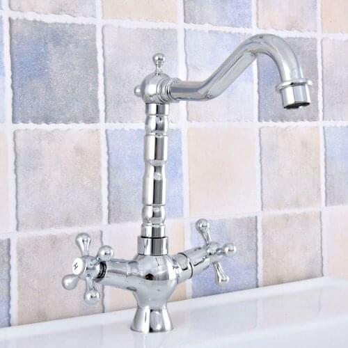 Polished Chrome Brass Bathroom Kitchen Basin Sink Faucet Mixer Tap Swivel Spout Dual Cross Handles One Hole Deck Mounted msf663