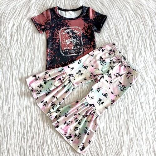 Fashion teenager short sleeve outfit girl high quality raglan shirt match bell pants clothes baby girls colorful print outfit