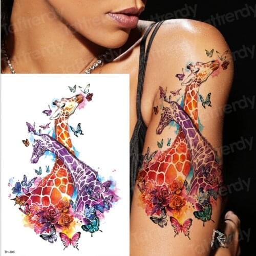 Tattoo sleeve sticker watercolor animals temporary tattoos giraffe wolf tiger butterfly tatoo water color tattoo for girls body