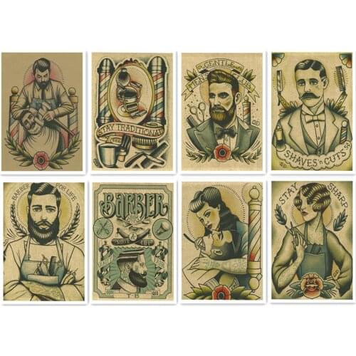Vintage Hairdresser Tattoos Patterned Posters Kraft paper Interior Painting Restoring Wall Sticker Barber shop Home Decoration A