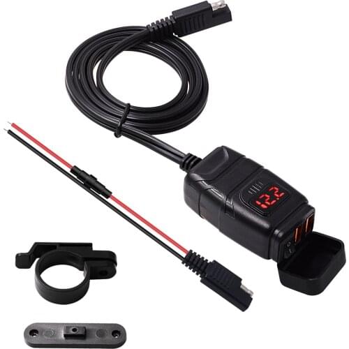 Waterproof QC 3.0 Motorcycles Charger Mounted Dual USB Charger Kit with Voltmeter Switch QC3.0 Fast Charge SAE to USB 24W + 24W