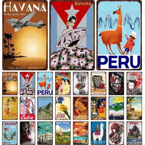 World Famous Tourist City Metal Tin Plaque Cuba Peru Hawaii Vintage Plaque Wall Sticker Garage Home Decoration Poster Souvenir