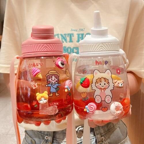 High Value Children Girl Summer Portable Lovely Kindergarten Kettle Large Capacity Water Bottle Plastic Straw Cup with Rope