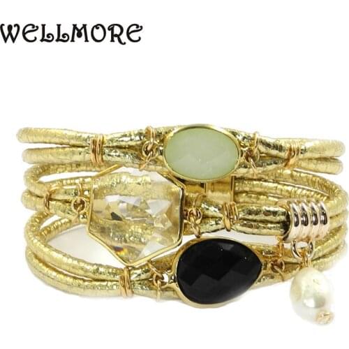 WELLMORE women bracelets Leather bracelets crystal,Freshwater pearl Bohemian bracelets&bangles for women jewelry wholesale