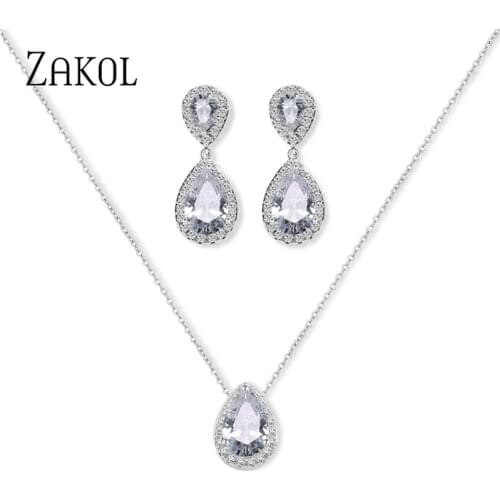 ZAKOL Shiny Water Drop Cubic Zirconia Crystal Earrings Necklace Set for Women Bridal Wedding Party Jewelry FSSP3037