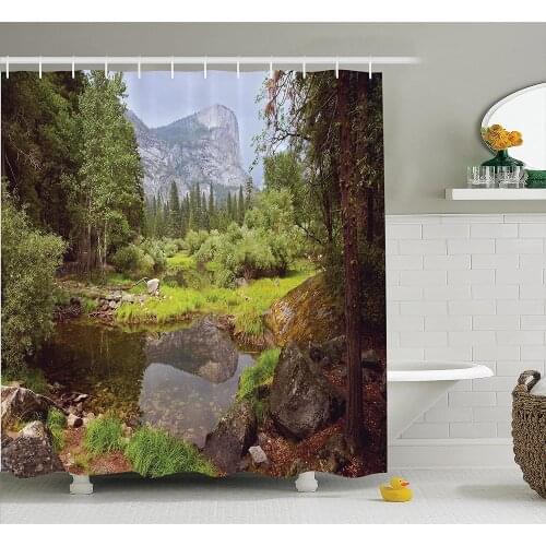 Apartment Shower Curtain Small Spring Forest Distant Mountain of Yosemite National Park Landscape Print Wall Decoration Curtains