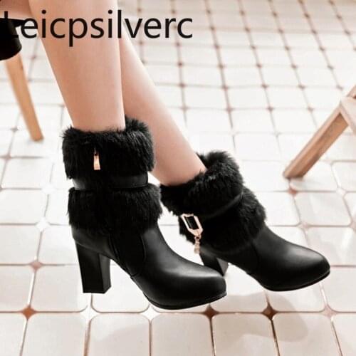 Womens Boots winter New Pointed plush pearl zipper belt buckle Thick heel High heel Short tube Womens shoes plus size 34-43