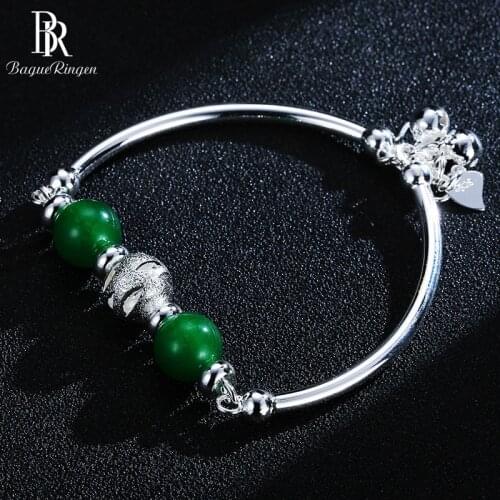 Bague Ringen Silver 925 Jade bracelet Round Green chalcedony Open adjust size Charm Woman Jewelry Woman Party Gift Wholesale