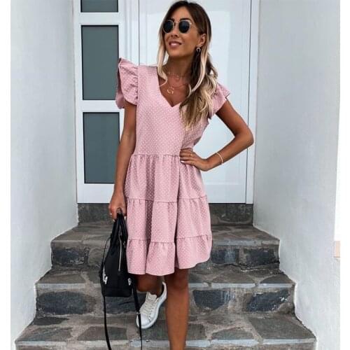 2021 Women New Summer Sundress Casual Ruffles Sleeves V-neck Dot Boho Party Vestidos Elegant Mini Dresses Fashion Vestidos