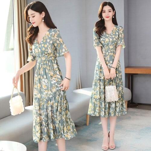 2021 Spring Summer Fashion Print Chiffon Maxi Dresses Plus Size Vintage Runway Midi Dresses Elegant Women Bodycon Party Vestidos
