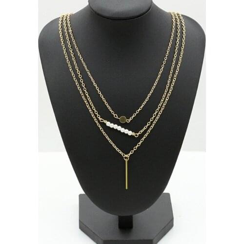 Golden Medal,White Simulated Pearl Beads,Simple Metallic Stick 3 Golden Chains Fashion Necklace & Pendant Women Jewelry
