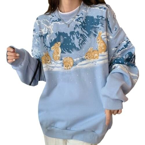 2021 Spring Autumn Casual Clothes Women Thin Snowflakes Blue Sweatshirt Print Harajuku Snow Mountain Yutu Family Pullover Female