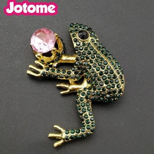 50 pcs/lot free shipping Vintage style green rhinestone frog with leaf animal brooch pins