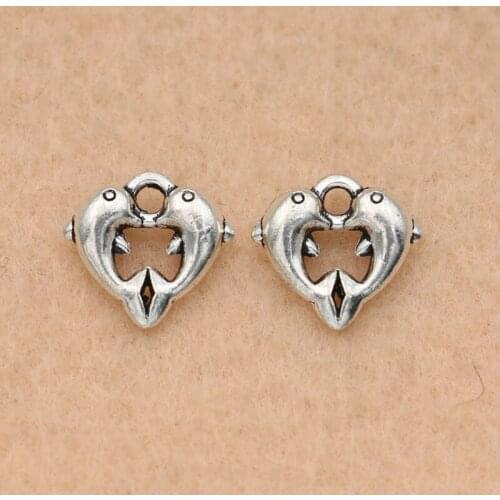 Antique Silver plated Double Dolphin Charm Pendant Jewelry Diy Jewelry Making Bracelet Accessories Handmade 11x11mm