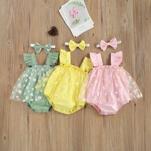 Summer New Princess Toddler Baby Girls Romper Dresses Flower Mesh Cotton Infant Girls Sleeveless Bodysuits+Headband 2PCS Set