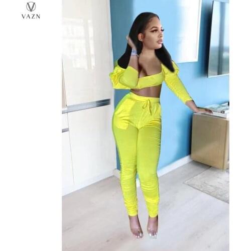 VAZN 2021 Top Quality Sexy Young Solid Holiday Sweet Strapless Full Sleeve High Waist Long Pencil Pants Women 2 Piece Set